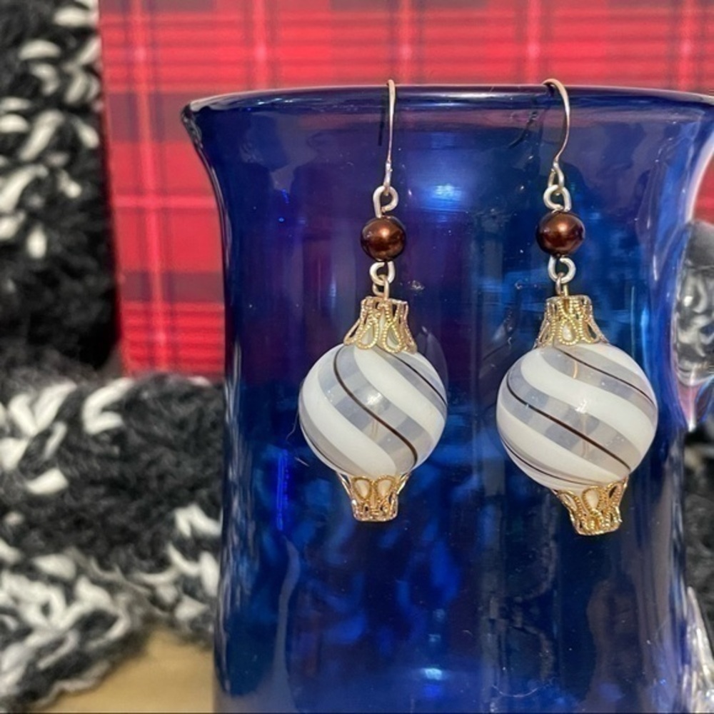 $10 SALE White & Maroon Swirl Glass Ornament & Gold Plate Earrings Fun